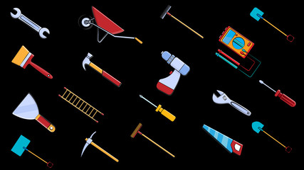 A large set of icons for construction, plumbing, garden, repair, tools: shovel, wrenches multimeter, saw, hammer, brush, mop, rake, trolley, spatula, screwdriver, pickaxe, ladder. Vector illustration © Bolbik