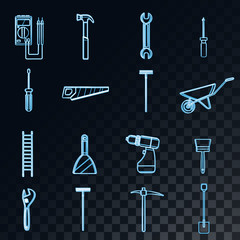 A large set of abstract neon glowing blue icons of construction, plumbing, garden, repair, tools: shovel, saw, hammer, brush, mop, rake, trolley, spatula, screwdriver, pickaxe, ladder. Vector
