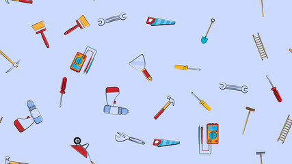 Texture, seamless pattern from a set of construction tools for repair: hammer, shovel, screwdriver, wrench, tester, brush, saw, trolley, trowel, ladder on a blue background. Vector illustration