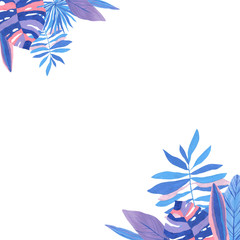A square frame of tropical leaves, hand-drawn in blue, blue and pink colors.