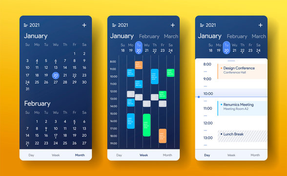 Mobile calendar app. Month, week and day interface application. Daily tasks screen. Weekly checklist application. Planner for 2021 template. Ui Vector illustration design.
