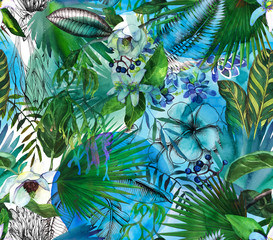 Tropical black and white print with watercolor color spots. Tropical background with flowers and leaves.