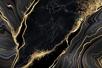 abstract black marble background with golden veins, japanese kintsugi technique, fake painted artificial stone texture, marbled surface, digital marbling illustration - obrazy, fototapety, plakaty