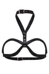 Detailed shot of a black leather open cup bra with a neck strap, rivets and steel buckles. The...
