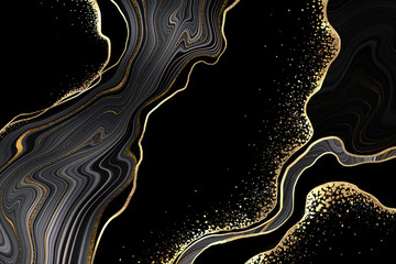 abstract black agate background with golden veins, fake painted artificial stone, marble texture, luxurious marbled surface, digital marbling illustration - obrazy, fototapety, plakaty
