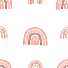 Dekokissen Aquarell rosa und braune naive Regenbögen nahtloses Muster auf weißem Hintergrund für Babytextilien, Stoffe, Verpackungen, Tapeten, Scrapbooking, Kinderzimmerdruck. Boho-Stil © dreamloud