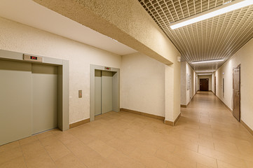 Russia, Moscow- January 27, 2020: interior room public place, house entrance. doors, walls, corridors staircase