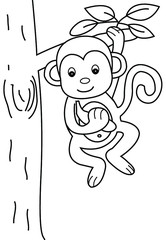 Cute monkey hanging on tree with tale cartoon Black and white illustration