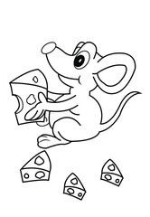 Cute mouse with chees cartoon Black and white illustration