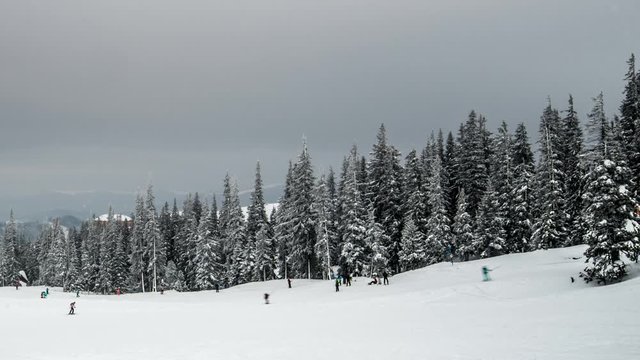 Skiers in winter wood. sky lift, 4K timelapse in Carpatian mountains, photographed on Nikon D800 camera.