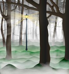 Mysterious urban park with a lot of tree trunks inside the clouds of grey and white fog. Lamp post shining up road between the woods. Vector illustration