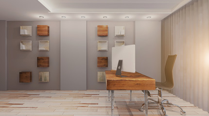 Open space office interior with like conference room. Mockup. 3D rendering.. Sunset.