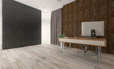 designer furniture in the reception. office with large windows. home style. 3D rendering