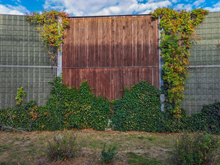 Fototapeta na wymiar Wooden wall on side of highway with ivy and flowers around