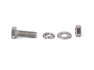 Hex bolt nut and washer on white background