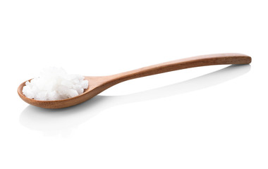 sea salt on wooden spoon isolated on white background