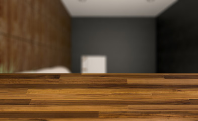 blurred interior on a wooden table background.living room. white leather sofa. big windows. walls made of wood panels.. 3D rendering