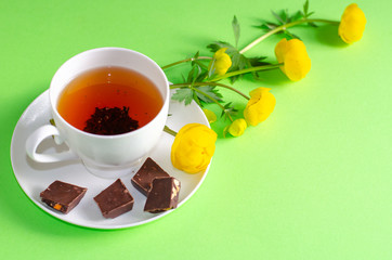 A Cup of black tea, pieces of chocolate and yellow flowers of the Trollius europaeus on a green background. Sunny, bright, shadows fall from the window. Chocolate day and morning tea ceremony.
