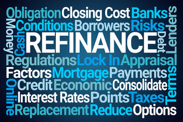 Refinance Word Cloud on Blue Background