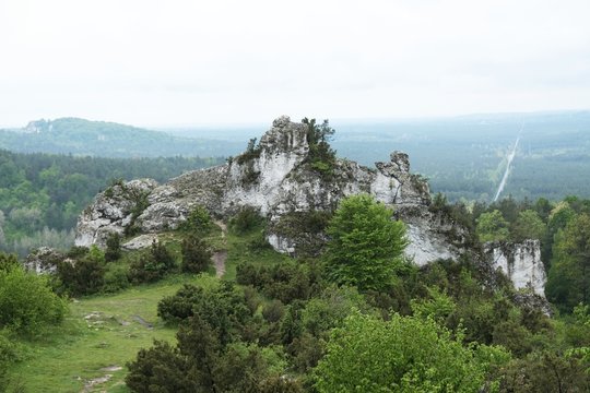 Interesting formation of rocks at viewpoint Gora Zborow (Mountain of Meetings) in Jura region, Cracow-Czestochowa Upland, Poland
