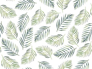 Watercolor seamless pattern with green leaves on the white background.