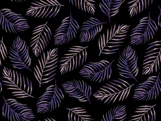 Watercolor seamless pattern with violet leaves on the black background.