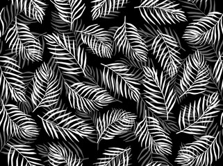 Watercolor seamless pattern with black and white  leaves on the black background.