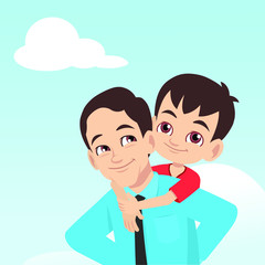 The son hugging the father shoulder from behind