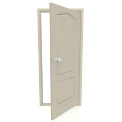 A grey wooden door with a swivel handle. White isolated background