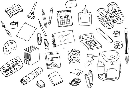 School subject. Office supplies. A set of drawings by hand.