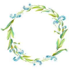 
Wreath of forget-me-nots. Blue delicate flowers. Watercolor hand drawn illustration floral wreath for wedding invitations, birthdays, celebrations. Wildflowers. 
Spring decor, summer wreath.