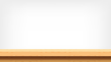 wood plank empty front view for background and copy space, blank table top wooden brown for decoration room, vintage wood plank for background, wooden table on grey wall, table wood plank front view