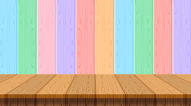 wood plank empty on wooden wall pastel soft background for copy space, table wood on wall rainbow soft color, wood plank front view for banner, wooden table on pastel wall strip, plank colorful soft