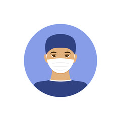 Vector flat profession doctor colorful icon. Medical face mask. Male avatar.