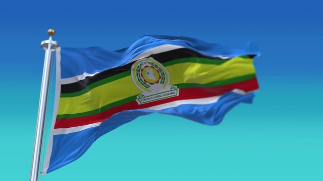 4k East African Community flag;EAC cloth texture slow seamless loop waving with visible wrinkles in wind sky background.A fully digital rendering;animation loops at 20 seconds.