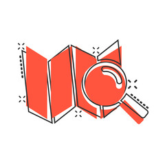 Search location icon in comic style. GPS navigation cartoon vector illustration on white isolated background. Locate position splash effect business concept.