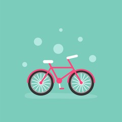 Pink cute summer bicycle on turquoise background. Flat vector illustration.