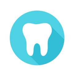Calcium icon. White teeth placed on a blue circle background Calcium concept that helps maintain bones and teeth.