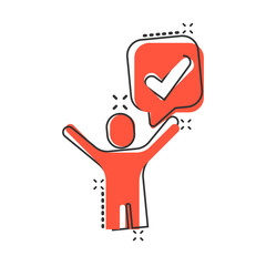 Organization management icon in comic style. People with check mark cartoon vector illustration on white isolated background. Businessman splash effect business concept.