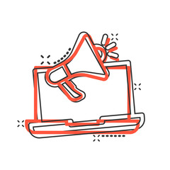 Laptop with megaphone speaker icon in comic style. Notebook bullhorn cartoon vector illustration on white isolated background. Computer subscribe splash effect business concept.