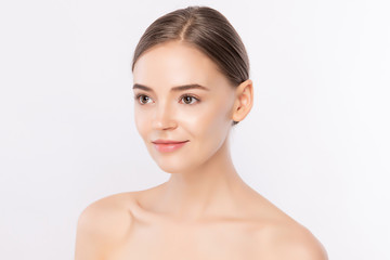 Obraz premium Beauty Woman face Portrait, Beautiful Young Woman with Clean Fresh Healthy Skin, Facial treatment. Cosmetology, beauty and spa, isolated on white background.