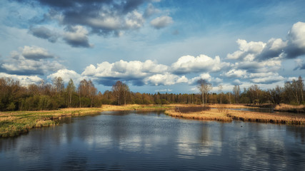 Russian spring landscape with reflections of trees in the lake