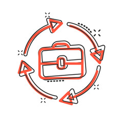 Obraz premium Briefcase with arrow icon in comic style. Businessman bag cartoon vector illustration on white isolated background. Portfolio splash effect business concept.