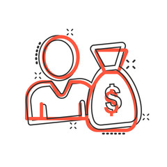 People with money bag icon in comic style. Businessman bag cartoon vector illustration on white isolated background. Bank splash effect business concept.