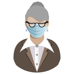 Old Woman european in medical mask and glasses avatar flat icon isolated on white background. Virus infection protection symbol.