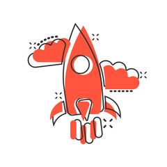 Rocket icon in comic style. Spaceship launch cartoon vector illustration on white isolated background. Sputnik splash effect business concept.