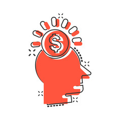 Human head with money icon in comic style. Career progress cartoon vector illustration on white isolated background. Face and dollar coin splash effect business concept.