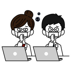 体調不良でも自宅で働く医師男女