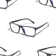 Seamless pattern of blue glasses on a white background with shadow