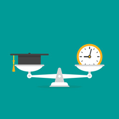 White mechanical scales with clock and mortar board in pans. Education value,